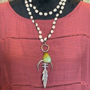 Sterling, Royston Turquoise & Pearl Necklace by Love Tokens Jewelry